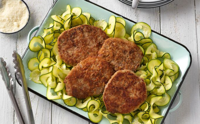 Parmesan-Crusted Cubed Steaks with Zucchini Ribbons